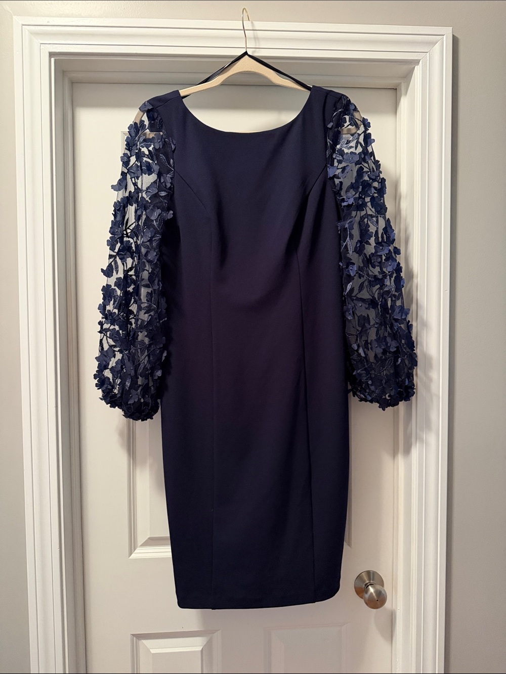 Eliza J Navy Midi Dress with 3D Floral Mesh Balloon Sleeves